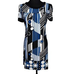 AGB‎ Dress Sz 6 Black Blue Geometric Print Short Sleeve Stretch Midi Made in USA